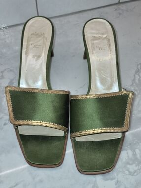 Christian Dior Green Silk Slide Mules with Gold Trim